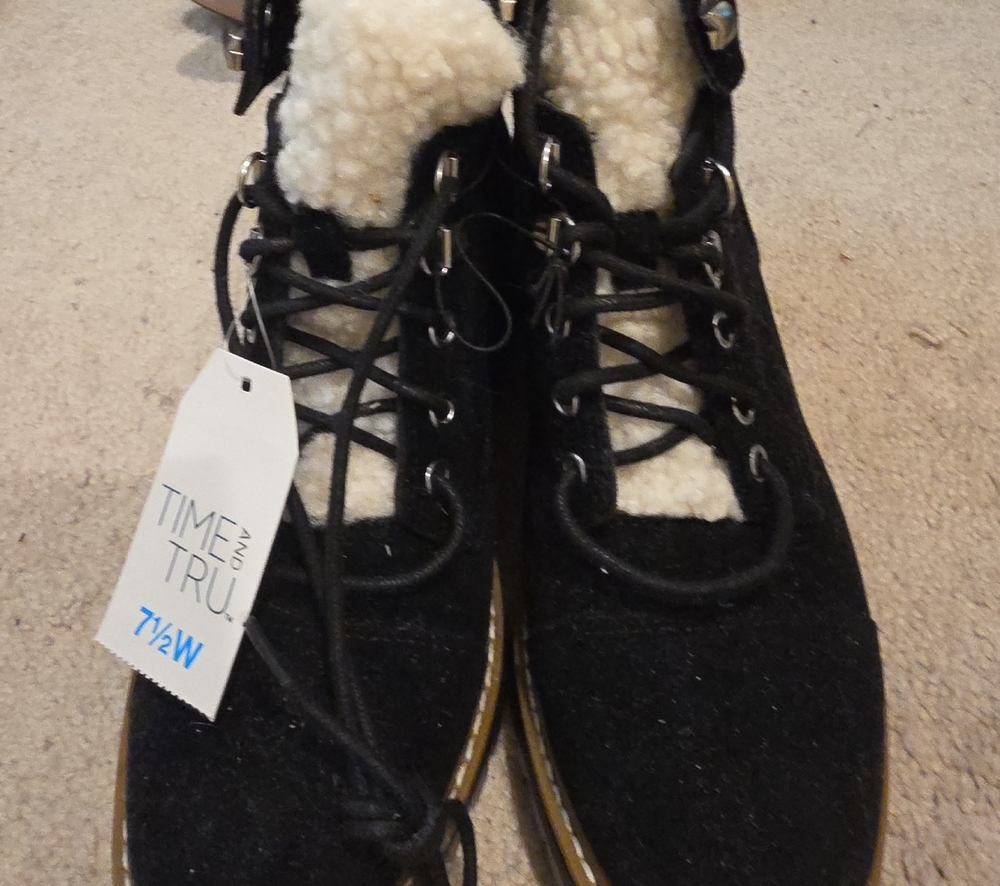 Time and Tru Black Lace-Up Boots with Cream Faux-Shearling